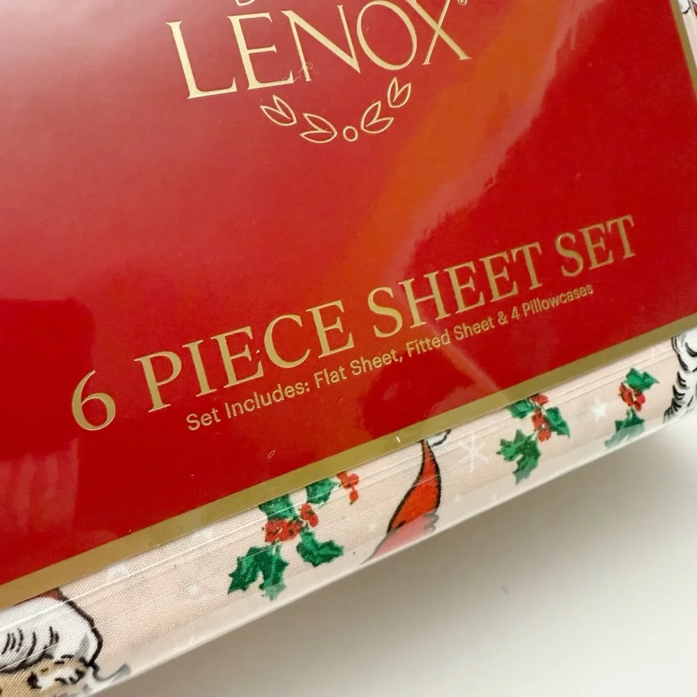 Lenox Vintage Style Santa Claus Face Holly Pink Christmas 6 Piece Sheet Set KING
